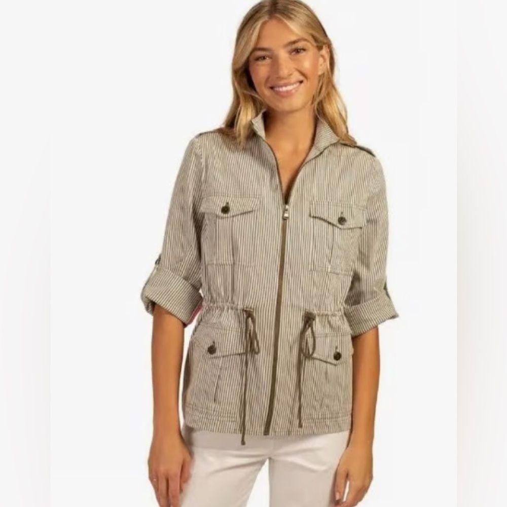 Trina Turk Buoyant Utility JacketSage Green & White Seersucker Size Small - Picture 2 of 5